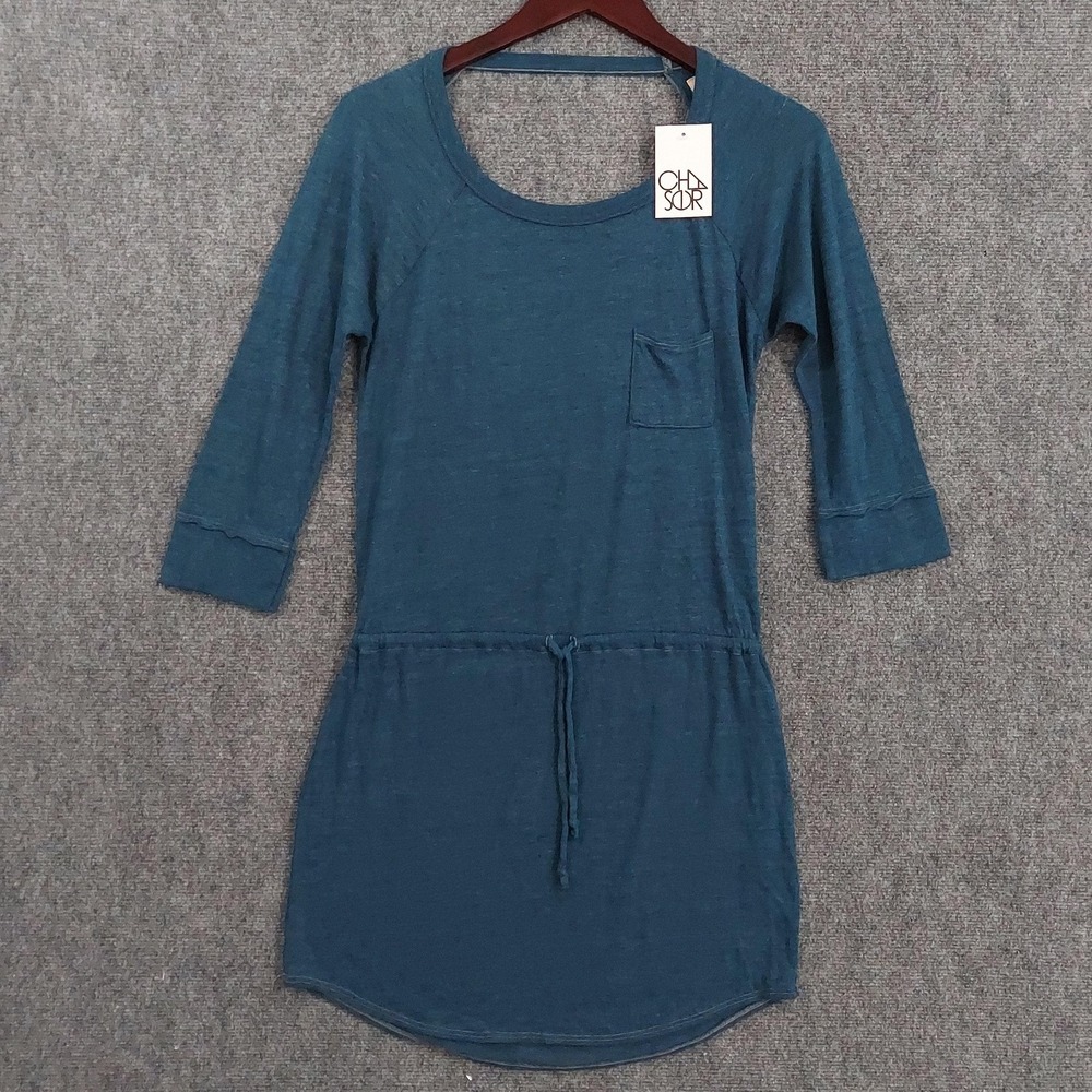 Chaser Dress Womens M Blue Mini T Shirt Drawstring Waist Open Back 3/4 Sleeve